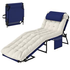 Folding Chaise Lounge Pool Chair with 4-level Reclining Back, Cushion, Side Pocket, Headrest, Navy Blue