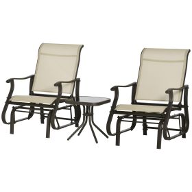 3-Piece Gliding Chair & Tea Table Set, Outdoor 2 Rocker Seats with Steel Frame, Tempered Glass Tabletop, Garden Patio Furniture, Beige