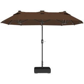 Double-sided Outdoor Patio Umbrella with Solar Lights and Base, Dining Table Umbrella Push Button Tilt, Coffee