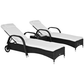 3-Piece Wicker Lounge Chair Set, Outdoor Loungers with Armrests, Cushion & Headrest, Side Table & Wheels, Black