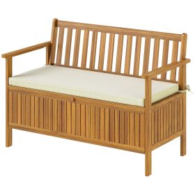 Outdoor Bench with Storage Compartment, Acacia Wood Patio Bench with Cushion, 2 Seater Garden Bench, Teak