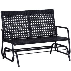 Patio 2-Person Wicker Glider Bench Rocking Chair, All-Hand Woven PE Rattan Cushioned Loveseat w/ Ergonomic Design Rocking System, Black