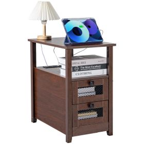 VEVOR Farmhouse End Table, Nightstand with Charging Station, 4 Tiers End Table with Storage Cabinet and 2 Drawers